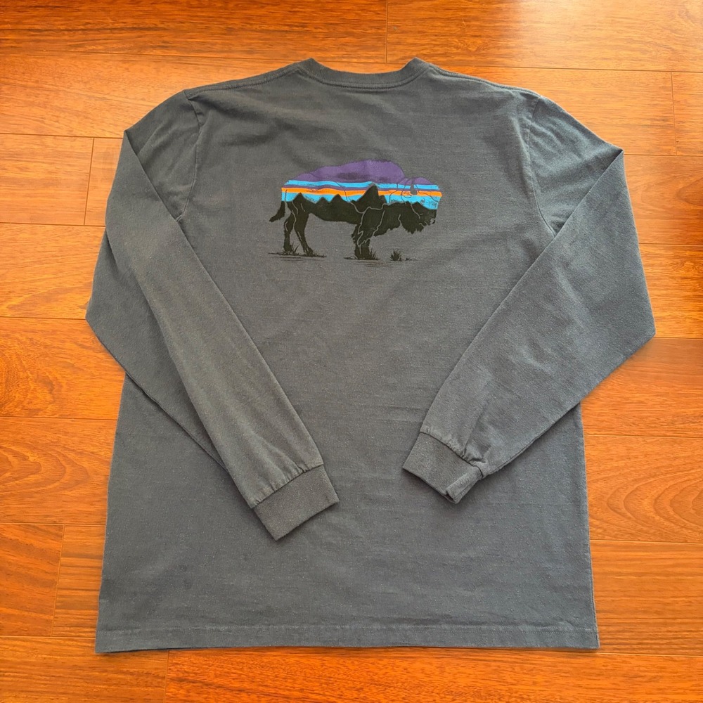 Patagonia Mens Long Sleeve T Shirt Large Blue Buffalo Graphic Responsibili-Tee